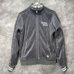 Teddy Fresh Velour Track Jacket Mens XS Gray Embroidered Bear Logo Full Zip